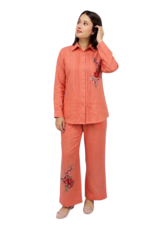 Women’s Embroidered Cotton Linen Shirt & Palazzo Co-ord Set