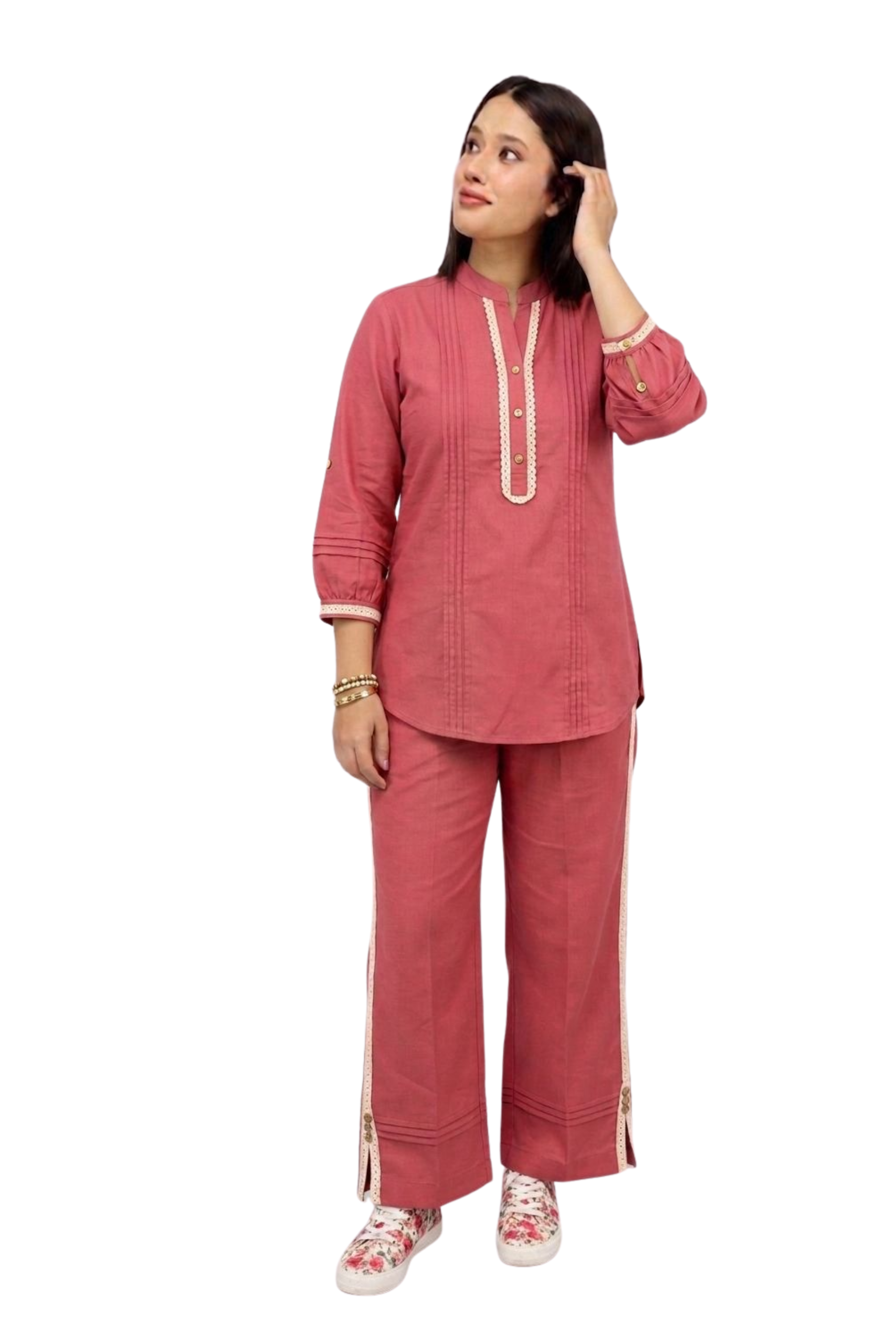 co-ord (3) Women’s Solid Cotton Linen Long Top & Palazzo Co-ord Set - Image 1
