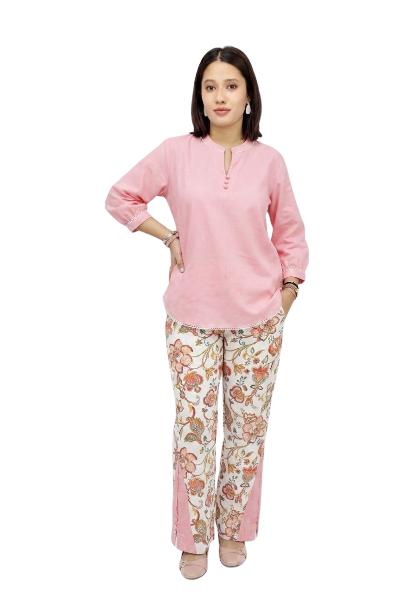 co-ord (7) Women’s Solid Top & Floral Printed Pant Cotton Linen Co-ord Set - Image 1